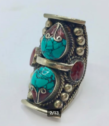 Vintage ring Nepal ring Tibet zilver Turquoise Koraal groot Vintage ring Nepal ring Tibet zilver Turquoise Koraal groot