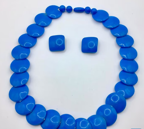 Vintage ketting met oorbellen Art Deco made in France blauw