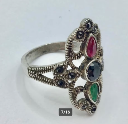 Vintage ring 925 zilver gemerkt Robijn marcasieten Onyx etc
