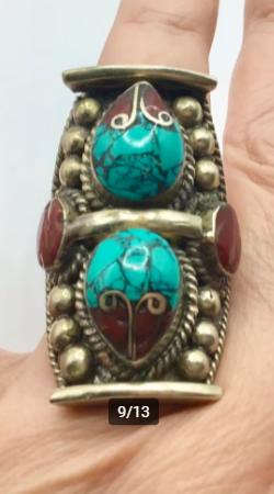 Vintage ring Nepal ring Tibet zilver Turquoise Koraal groot Vintage ring Nepal ring Tibet zilver Turquoise Koraal groot