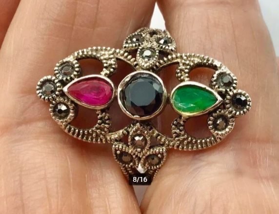 Vintage ring 925 zilver gemerkt Robijn marcasieten Onyx etc Vintage ring 925 zilver gemerkt Robijn marcasieten Onyx etc
