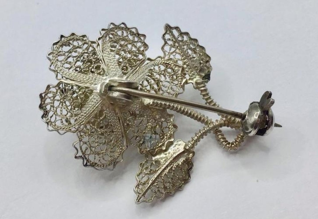 Vintage broche filigrein bloem zilver gemerkt antieke broche