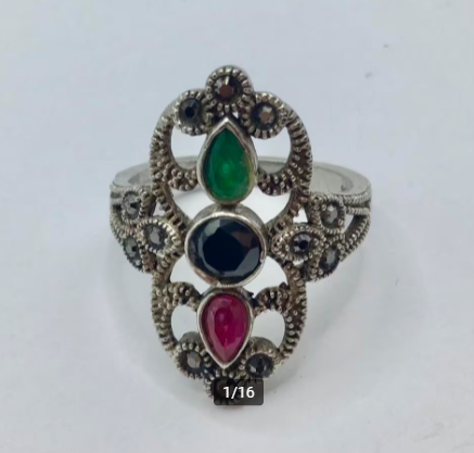 Vintage ring 925 zilver gemerkt Robijn marcasieten Onyx etc Vintage ring 925 zilver gemerkt Robijn marcasieten Onyx etc
