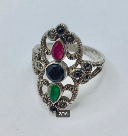 Vintage ring 925 zilver gemerkt Robijn marcasieten Onyx etc Vintage ring 925 zilver gemerkt Robijn marcasieten Onyx etc