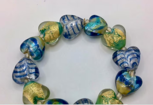 Vintage Murano glas armband goud poeder grote harten glas 