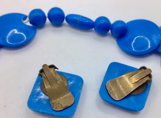 Vintage ketting met oorbellen Art Deco made in France blauw