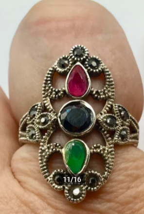 Vintage ring 925 zilver gemerkt Robijn marcasieten Onyx etc Vintage ring 925 zilver gemerkt Robijn marcasieten Onyx etc