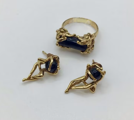 Design ring en oorbellen van Charles Jourda,  goud verguld Onyx.