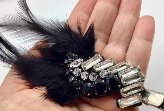 Vintage Art Deco broche haarspeld echte veren Swarovski