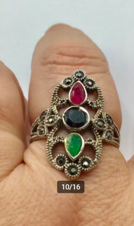 Vintage ring 925 zilver gemerkt Robijn marcasieten Onyx etc Vintage ring 925 zilver gemerkt Robijn marcasieten Onyx etc