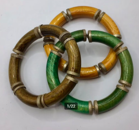 Vintage armband hout zilver 800 vernis 3 stuks handgemaakt