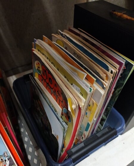 Grote partij stripboeken/cd's incl. draadmand Grote partij stripboeken/cd's incl. draadmand