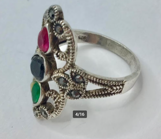 Vintage ring 925 zilver gemerkt Robijn marcasieten Onyx etc Vintage ring 925 zilver gemerkt Robijn marcasieten Onyx etc