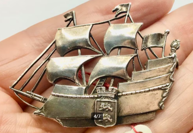 Vintage broche zeilschip zilver schip Normandië Frankrijk
