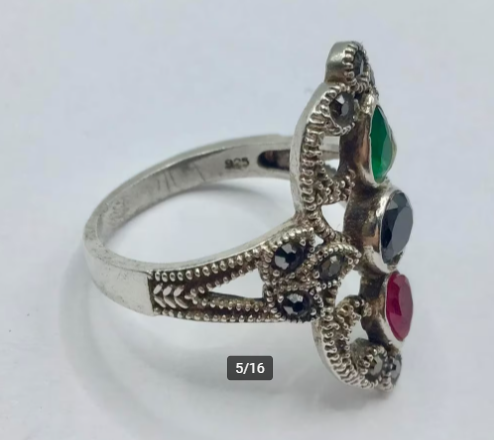 Vintage ring 925 zilver gemerkt Robijn marcasieten Onyx etc Vintage ring 925 zilver gemerkt Robijn marcasieten Onyx etc