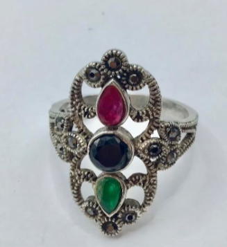 Vintage ring 925 zilver gemerkt Robijn marcasieten Onyx etc Vintage ring 925 zilver gemerkt Robijn marcasieten Onyx etc