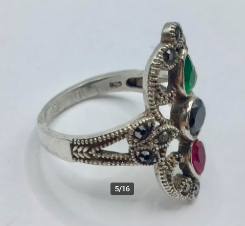 Vintage ring 925 zilver gemerkt Robijn marcasieten Onyx etc Vintage ring 925 zilver gemerkt Robijn marcasieten Onyx etc