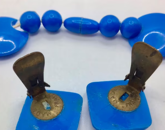 Vintage ketting met oorbellen Art Deco made in France blauw